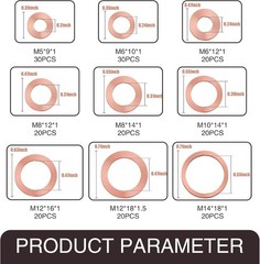 Pack-200 Automobile Copper Flat Gasket Assortment Combination Set, Multi-Specifi