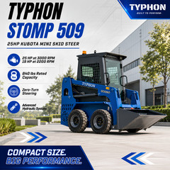 TYPHON STOMP 509 Wheeled Skid Steer Loader 25hp Kubota EPA Engine w 4 Attachment