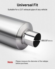 Resonator Muffler Stainless Steel, 2.0″ Inlet/Outlet, 13.8″ Length, Body 3.97″