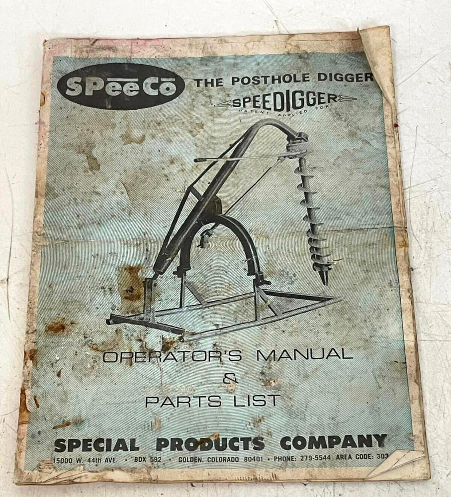 Vintage Original SPeeCo Posthole Digger SpeeDigger Operator’s Manual Parts List