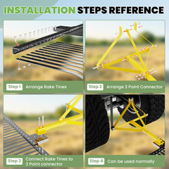 60″ 3 Point Landscape Rock Rake For Category 1 Tractor Rotate 360°