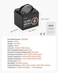12V 50Ah LiFePO4 Battery, Up to 15000 Cycles, Deep Cycle Lithium Iron Phosphate