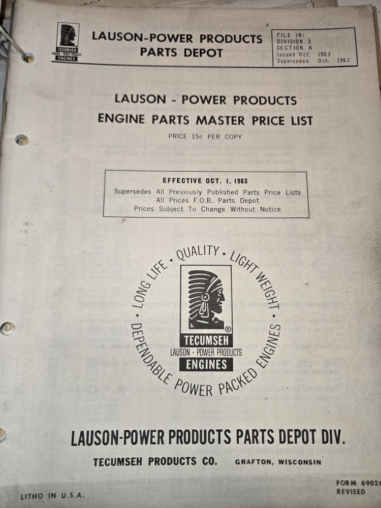1963 Tecumseh ENGINE PARTS MASTER PRICE LIST LAUSON POWER PRODUCTS PARTS DEPOT