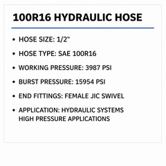 1/2″ 2 Wire 100R16 Hydraulic Hose Assembly JIC#8 Female Swivel Fittings PSI 3987
