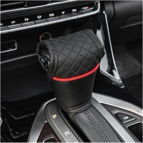 Leather Gear Shift Knob Cover, Anti-Slip Protector and Decora Color: Black+Red