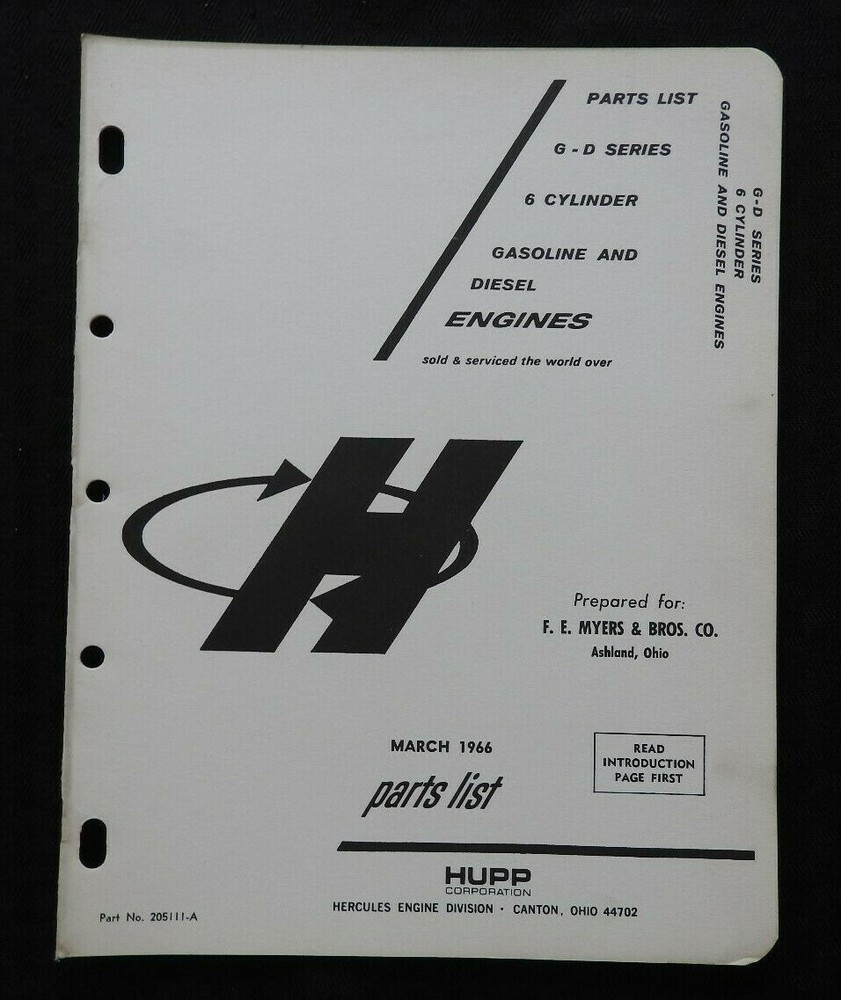 HERCULES G & D SERIES 4 & 6-CYL ENGINE F E MYERS & BROS ASHLAND OH PARTS MANUAL