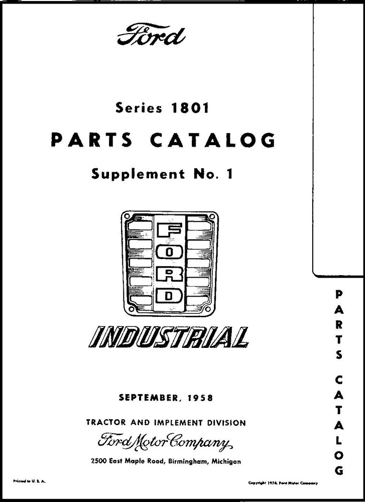 Tractor Parts Book Supplement Manual Fits Ford Tractor Series 1801 Industrial