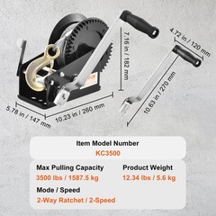 Hand Winch, 3500 lbs Pulling Capacity, Boat Trailer Winch Heavy Duty Rope Crank
