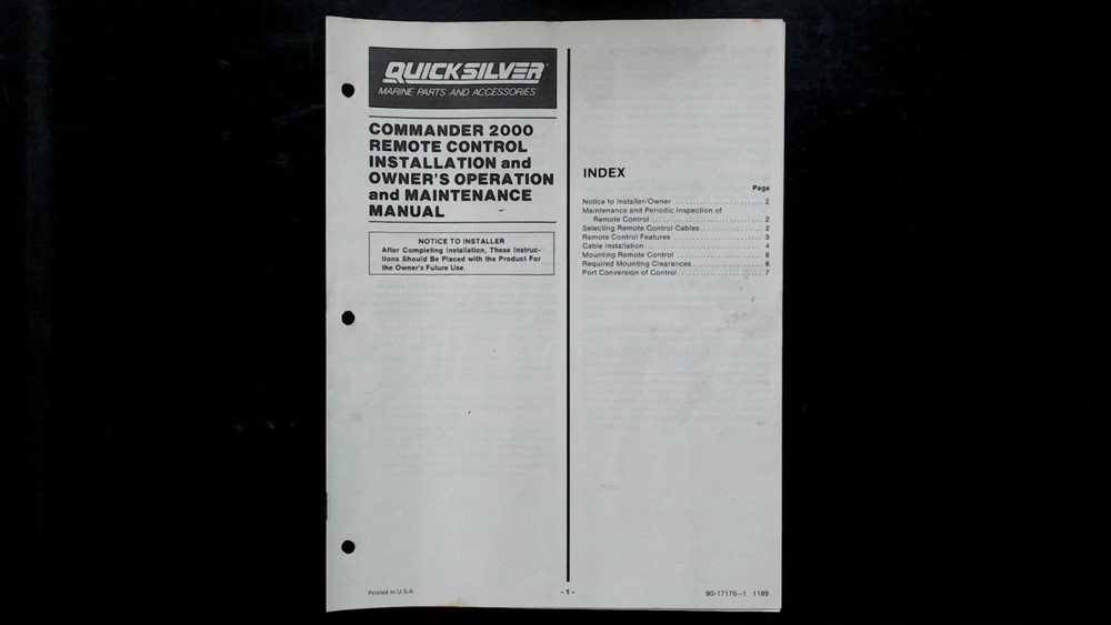 Quicksilver Commander 2000 Remote Control Installation Owner Manual 1189