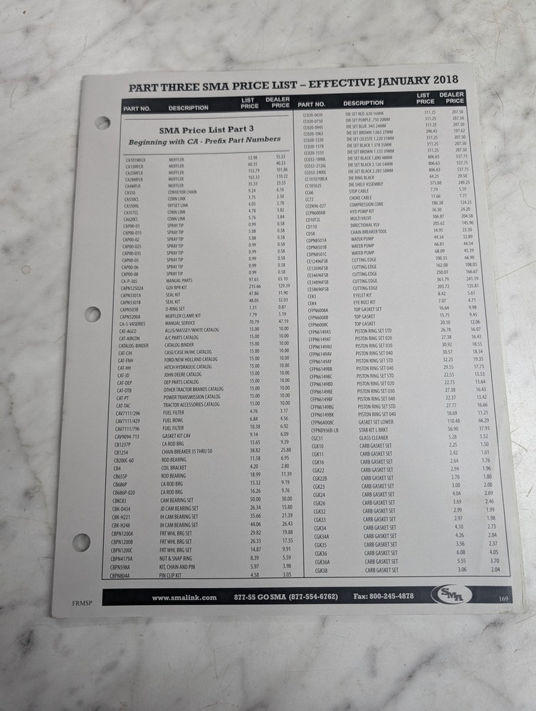 SMA PARTS PRICE LIST CATALOG DEALER SALES LITERATURE 2018 SMALINK ~~PART 3 OF 3