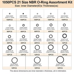 1050pcs O-Ring Kit, 21 Sizes O-Ring Assortment Kit Metric Nitrile Rubber O Rings