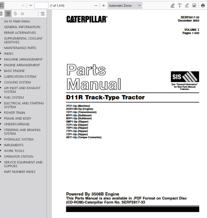 CAT Caterpillar D11R Track Type Tractors 7PZ1-Up Parts Catalog Manual PDF USB