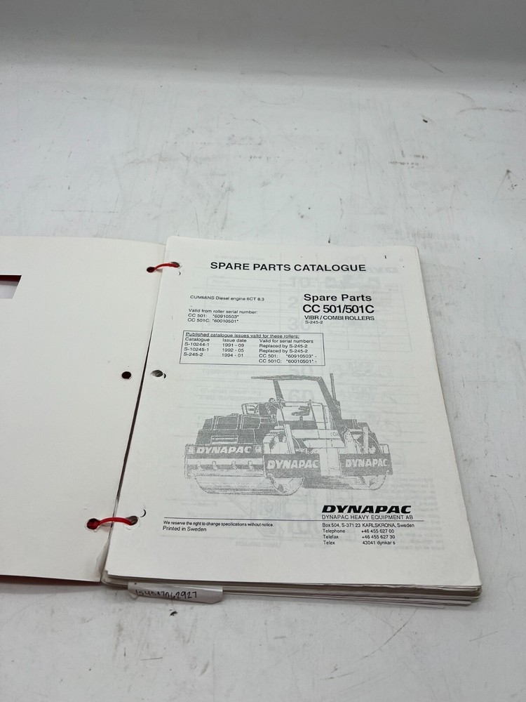 Dynapac Spare Parts Catalog CC501/501C Factory Shop Manual SKU Z
