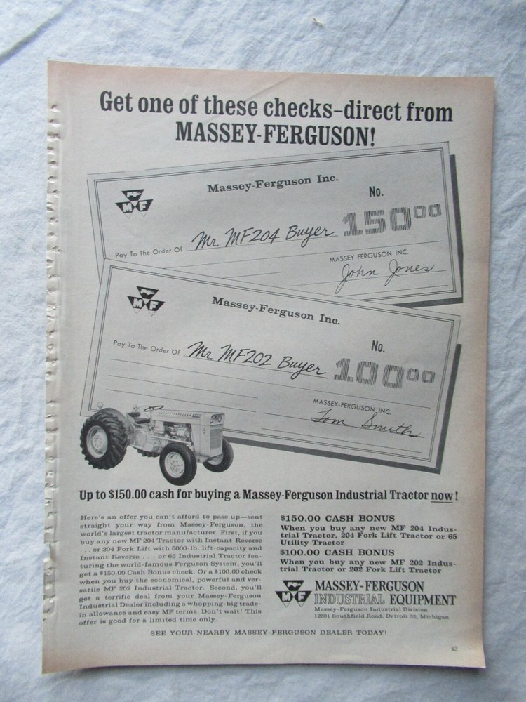 1961 Massey Ferguson MF204 Tractor Buyer Cash Bonus Print AD Advertisement 8×11