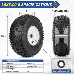 15×6.00-6 Rubber Lawn Tire and Wheel, 2 Pcs Replacement 15×6-6nhs Riding