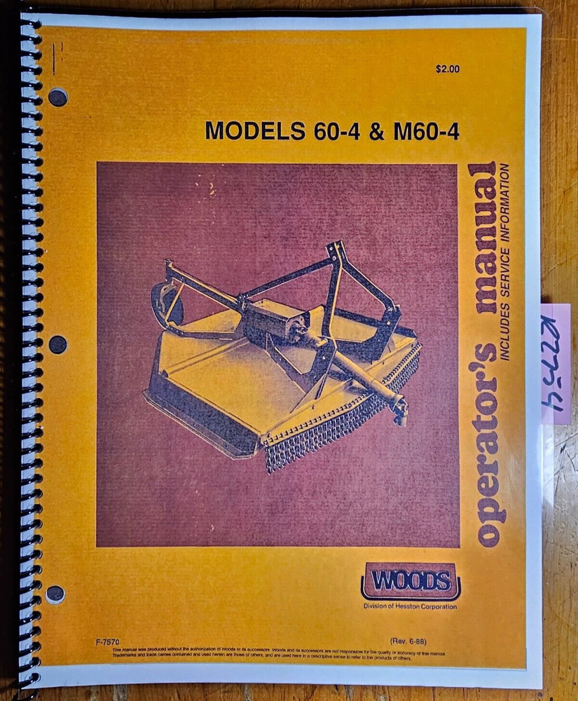 Woods 60-4 M60-4 Rotary Cutter Mower Owner Operator & Parts Manual F-7570 6/88