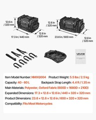 Motorcycle Tail Bag, 40-60 L Expandable Motorcycle Rear Seat Bag with Waterproof