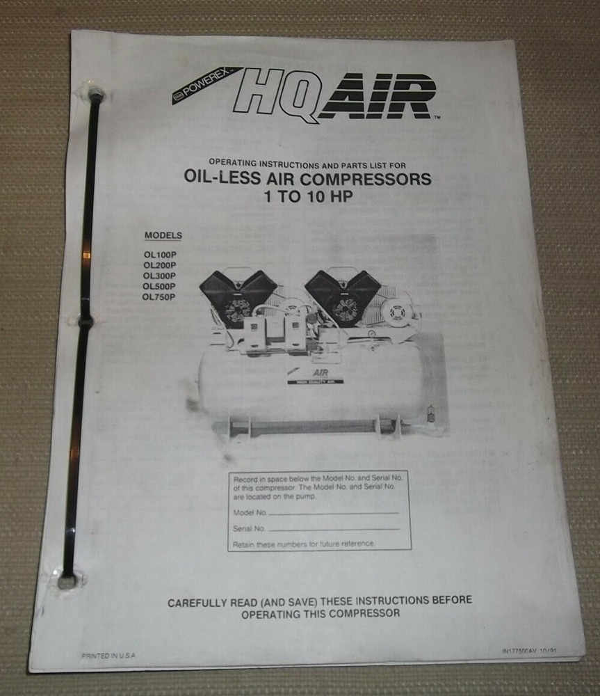 POWEREX HQ-AIR OL100P OL200P OL300P OL500P OPERATION MAINTENANCE & PARTS MANUAL