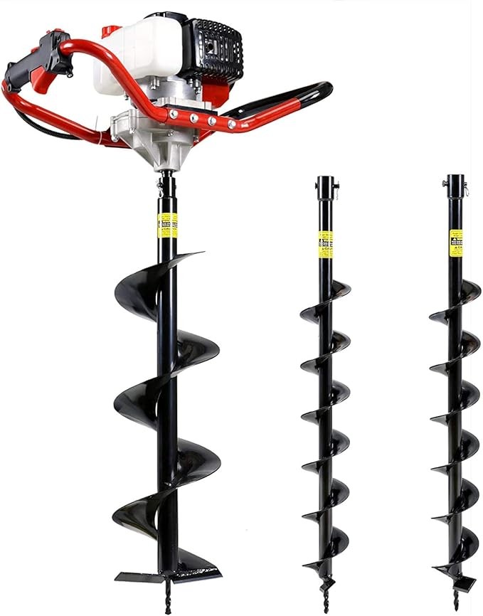 RED/BLACK – G 52CC PETROL EARTH AUGER 3 AUGER BITS Ø 100/150/200MM* LENGTH 800MM
