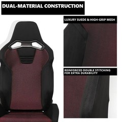 2 Black Suede Burgundy Mesh Reclinable Racing Seats Dual Sliders 4PT Harness