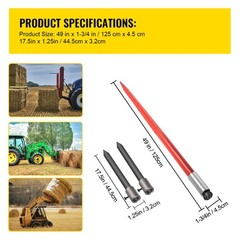 VEVOR Hay Bale Spear 49″ 3000 lbs Spike Fork 45#Steel W/2 Stabilizers & Sleeves
