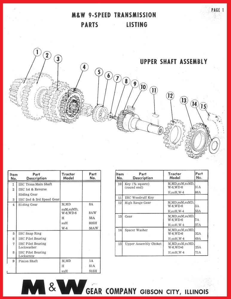 M&W Gear Co. 9 Speed Transmission IH Farmall H M Super M MTA Parts List Manual