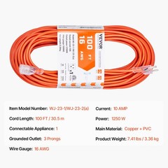 100FT Indoor Outdoor Extension Cord, 16AWG 10Amps 1250W, 3 Prongs Appliance Elec