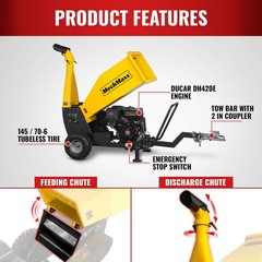 MechMaxx 5 inch 420cc 15hp Gas Powered Drum Wood Chipper With Towbar, PGS1500