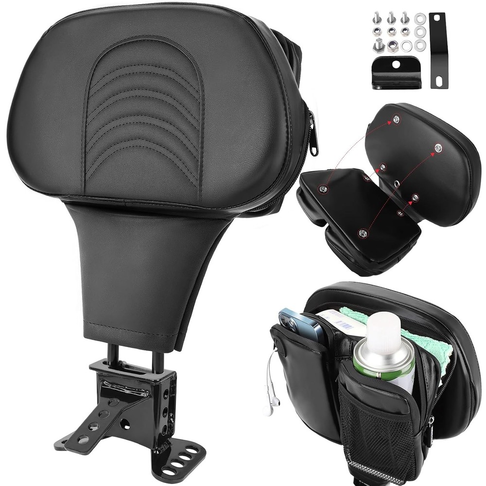 Adjustable Rider Backrest w/ Storage Bag for Harley Touring 1997-2026 Detachable