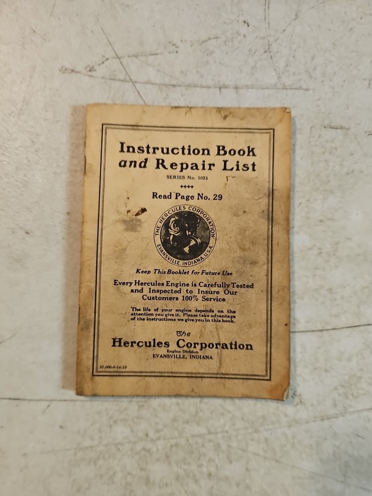 Hercules Engines Instruction Book and Repair List – 1923 Reprint