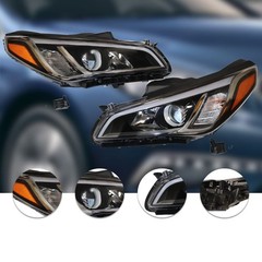 2015-2017 Hyundai Sonata Halogen Headlight Set Clear Lens Black
