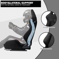 Black Suede Reclinable Racing Seat w/ Dual Sliders 4 Pt Harness Silver Stitch