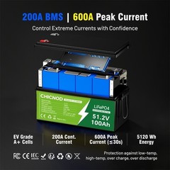 CHICNOD 51.2V 100Ah LiFePO4 Lithium Battery Bluetooth BMS Solar RV Golf Carts