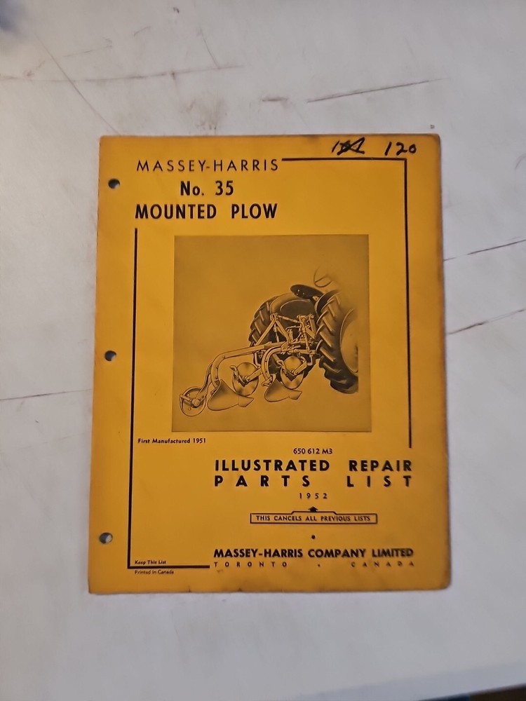 Vintage 1952 Massey-Harris Mounted Plow Illustrated Repair Parts List