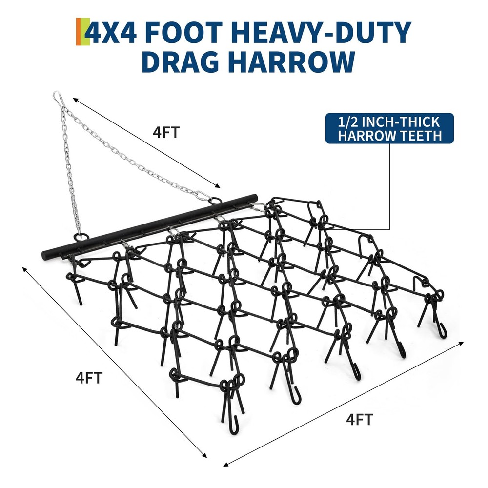 3/8″ Thick Tines Build Stable 4 ft x 4 ft Mesh Chain Drag Harrow, Towable Farm T