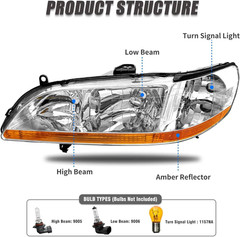 1998-2002 Honda Accord Headlight Assembly Pair Chrome Amber Reflector Clear Lens