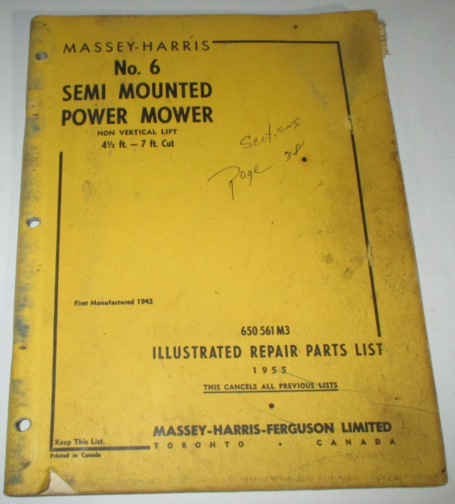 Massey Harris MH 6 Semi Mounted Power Mower Parts Catalog Manual Book ORIGINAL!