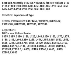Seat Belt Assembly 84174257 9820622 for New Holland L120 L125 L140 L150
