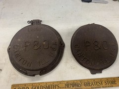 2 P & O Cast Iron Planter Lid Covers & 1 Ring One Is Damaged Old Antique Heavy