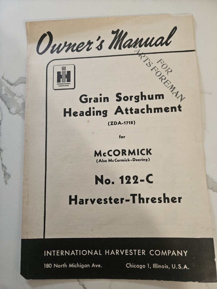 International Harvester Parts Book Grain Sorghum Heading Attachment
