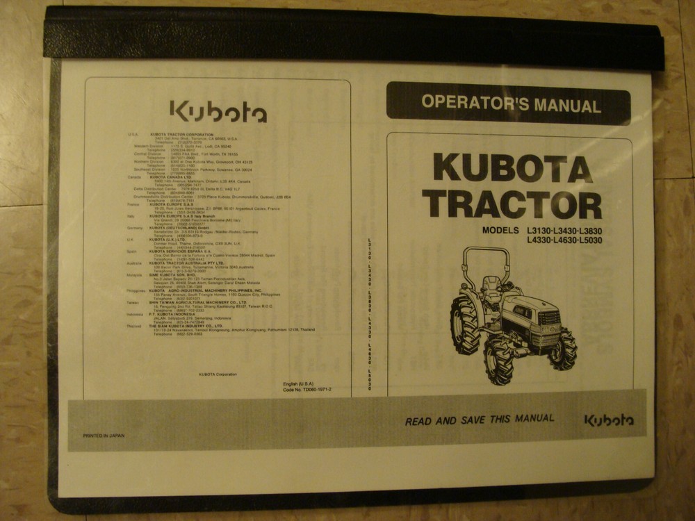 Kubota L3130 L3430 L3830 L4330 L4630 L5030 Tractor Owners & Maintenance Manual