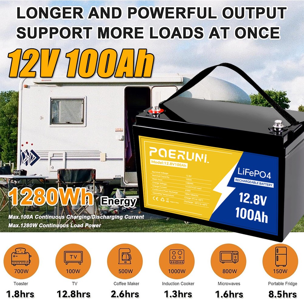 12V 100Ah LiFePO4 Lithium Battery 8000+ Deep Cycle BMS for Solar RV Off-grid