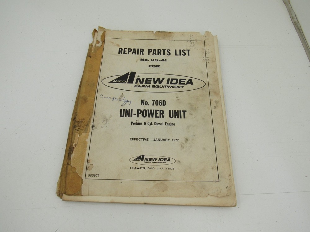 New Idea 706D Uni-Power Unit Perkins Diesel Parts List Catalog Manual