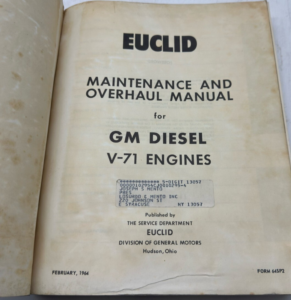 Euclid GM V-71 Diesel Engine Maintenance and Overhaul Manual SKU Y