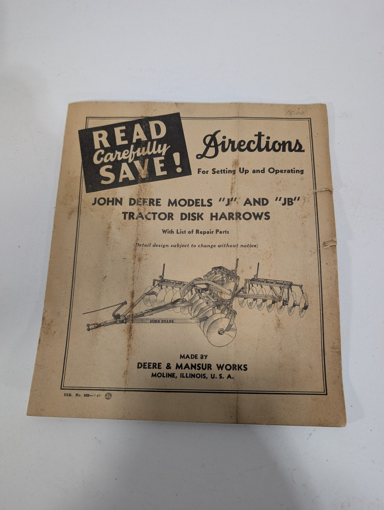 Vtg John Deere J and JB Tractor Disk Harrows Operating Directions Manual 1945