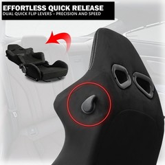Black Suede Reclinable Racing Seat w/ Dual Sliders 4 Pt Harness Silver Stitch