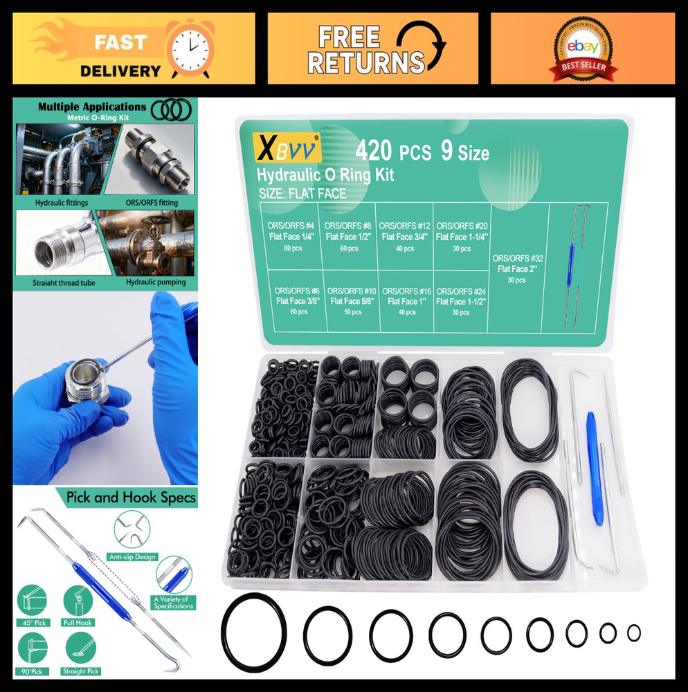 420 Pcs Hydraulic O-Ring Seal Kit – 9 Sizes Buna-N 70A for Flat Face Fittings