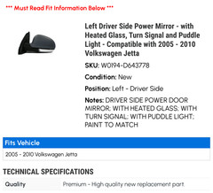 Left Driver Side Mirror for 2005-2010 VW Jetta – Heated, Turn Signal