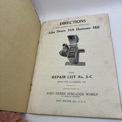 Original 1941 John Deere 10A Hammer Mill Directions & Repair List Manual 3-C