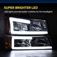 LED DRL Headlight 03-06 Silverado Avalanche GM250222 Clear Lens Chrome Amber